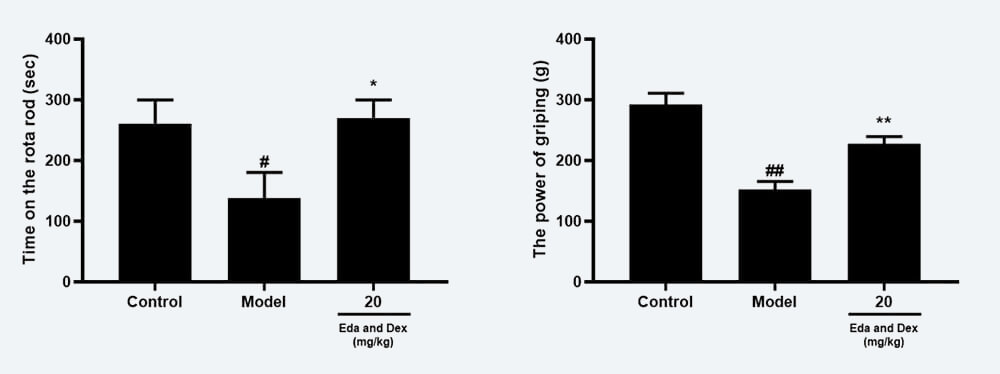 神经功能药效学考察：C 转棒滞留时间；D 抓握力（mean±SEM）.jpg